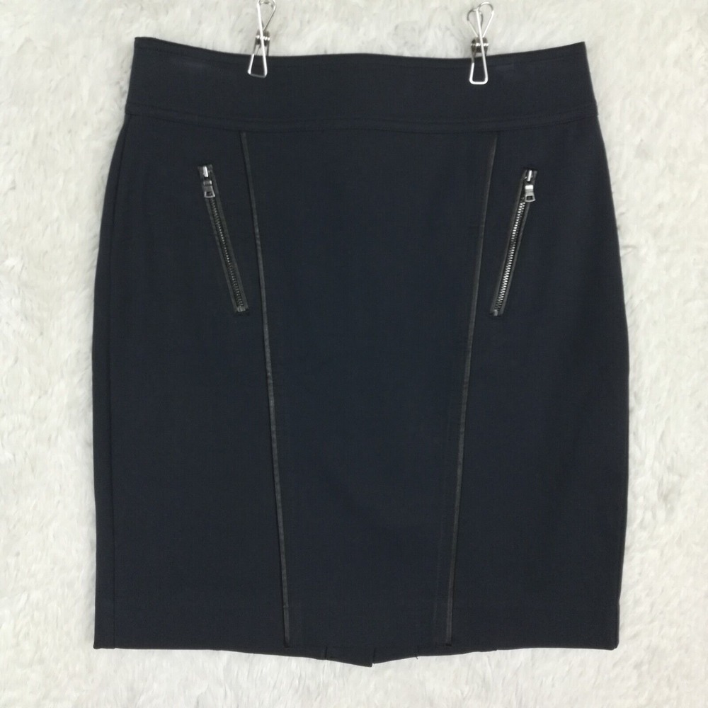 Ann Taylor Womens Skirt Pencil Navy Blue Faux Leather Trim Zipper‎ Petite 4P